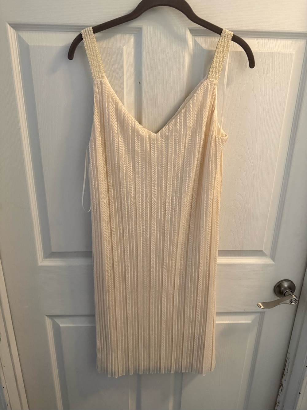 Cream Pleated V-Neck Slip Dress
